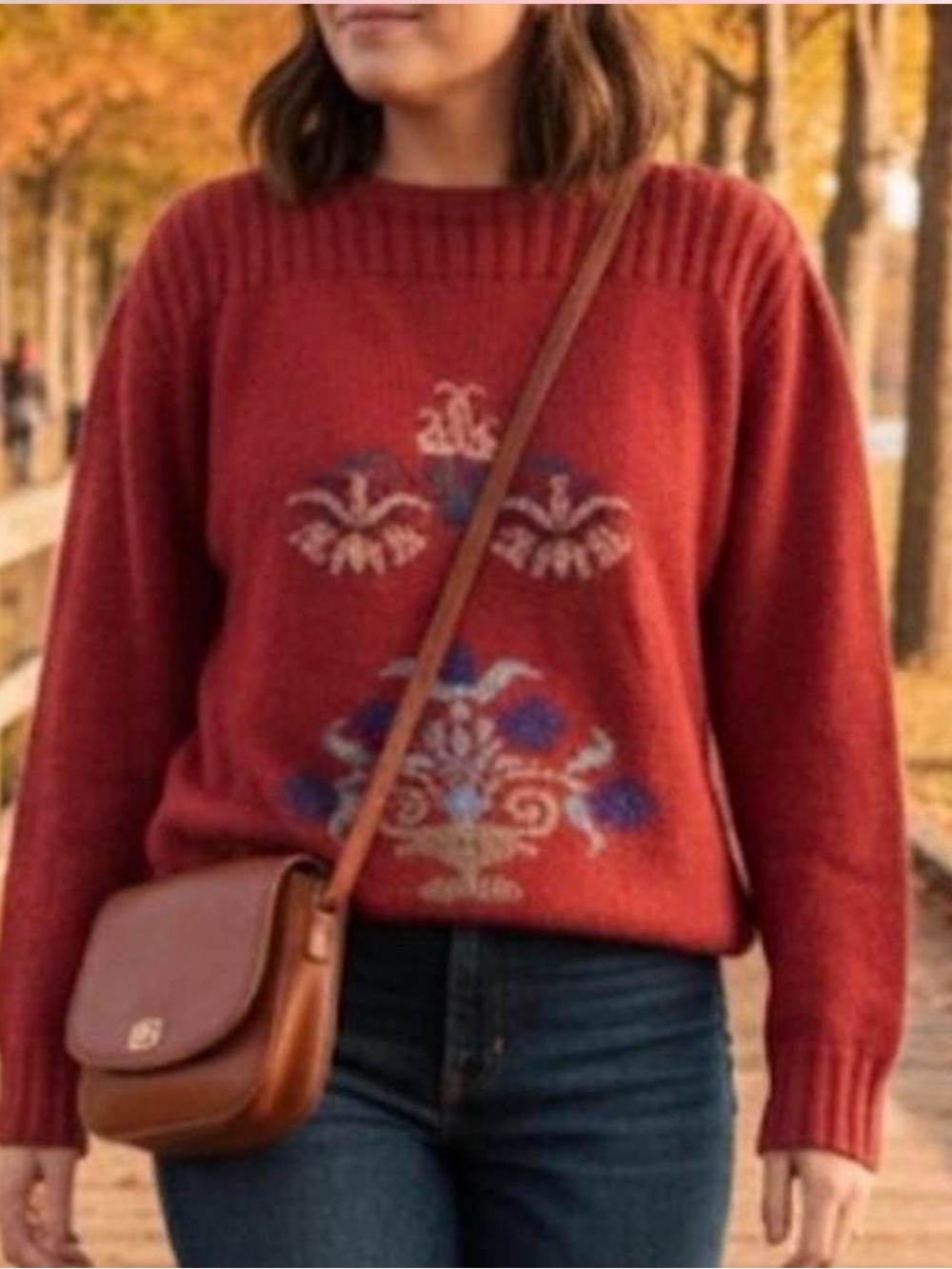 Vintage Handcrafted Red Floral Urn Knit Sweater Cottagecore Size M